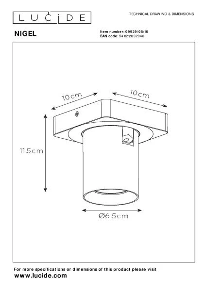 Lucide NIGEL - Spot plafond - LED Dim to warm - GU10 - 1x5W 2200K/3000K - Acier Noir - technique